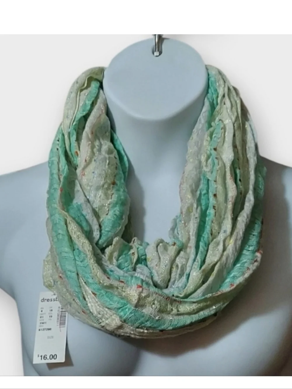 NWT Dress Barn Seaglass Green and Cream Infinity Scarf
